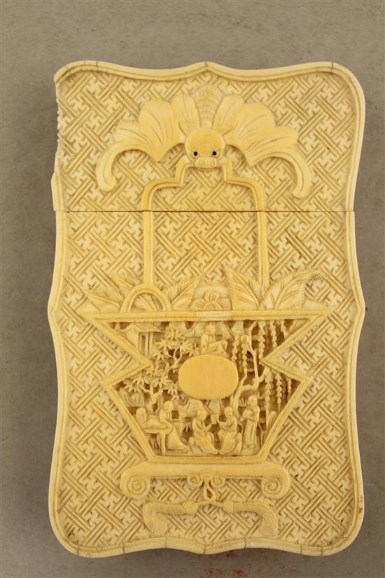An unusual Chinese export ivory card case, 19th century, 11.5cm., part of cover lacking
